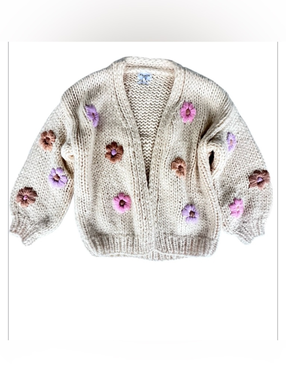 FRNCH Cream Chunky Knit Cardigan with Pink, Purple and Brown Flower. Size S/M - Picture 5 of 7